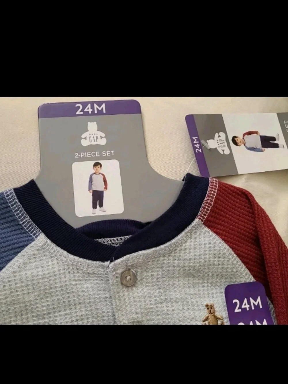 Baby Gap 2 Pc Set Thermal Long Slv Top W. Teddy Bear Icon, Navy Blue Sweatpants